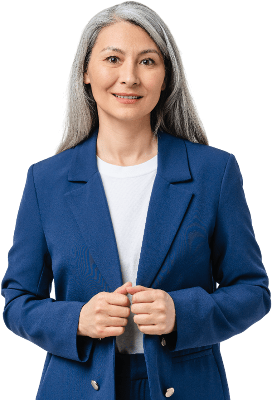 Woman in blue suit smiling confidently.
